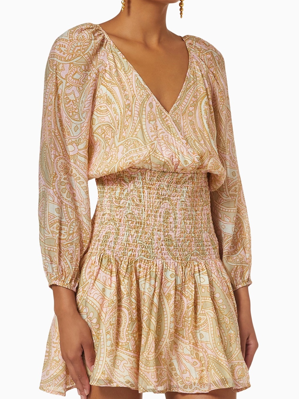 MINKPINK Catalina Mini Dress Paisley Beige Pink Smocked Waist Boho Small
